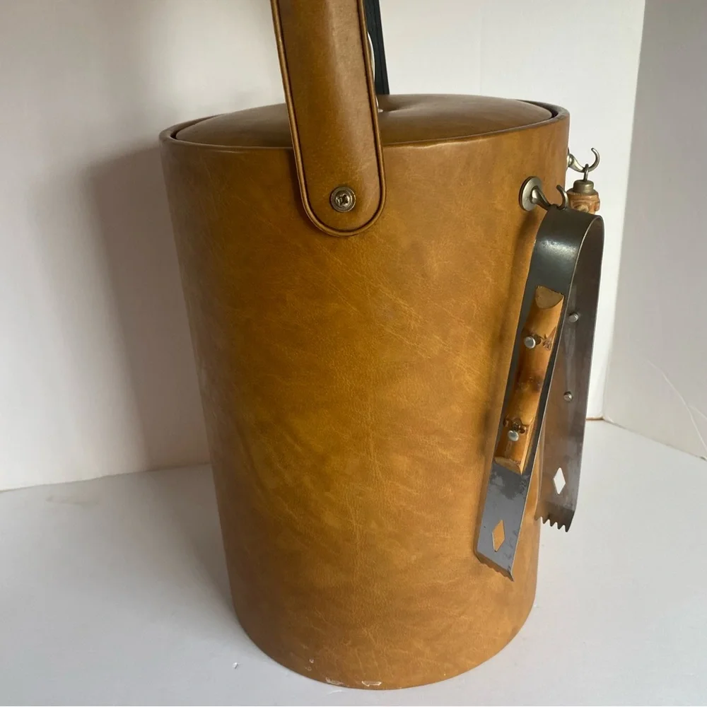 Vintage Ice Bucket Leather look with Real Bamboo Handle Utensils